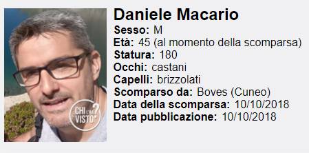 Boves, si cerca il 45enne Daniele Macario