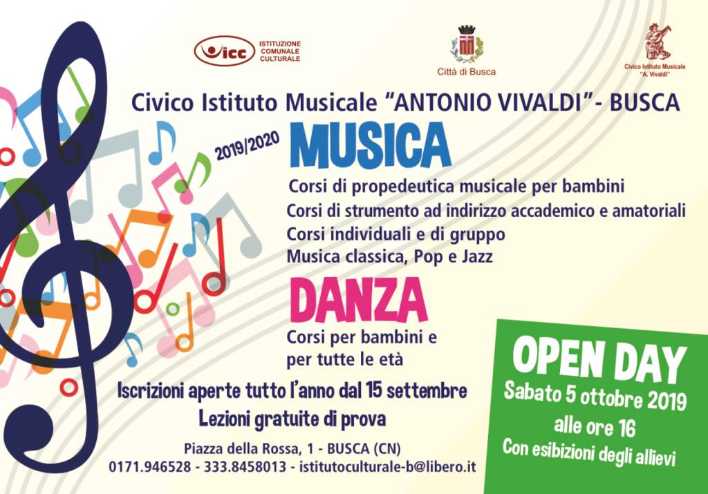 Sabato 5 ottobre open day all’istituto musicale Vivaldi a Busca