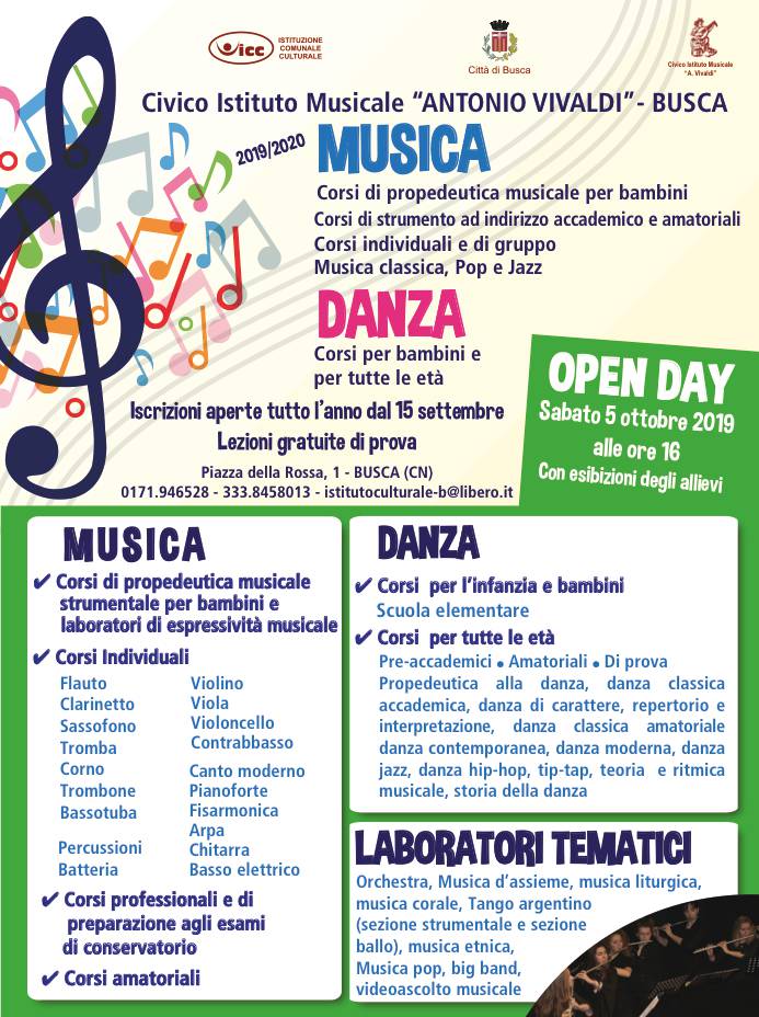Sabato 5 ottobre open day all’istituto musicale Vivaldi a Busca