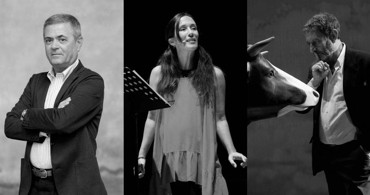 Ezio Mauro, Chiara Gamberale e Michele Serra sul palco del Toselli di Cuneo per “Scrittori a teatro”
