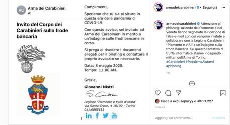 Tentata truffa con falsa mail dei Carabinieri