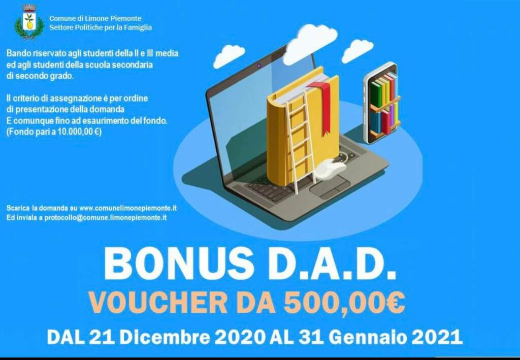 Bonus DAD, Limone Piemonte stanzia 10mila euro per gli studenti di seconda e terza media e delle superiori