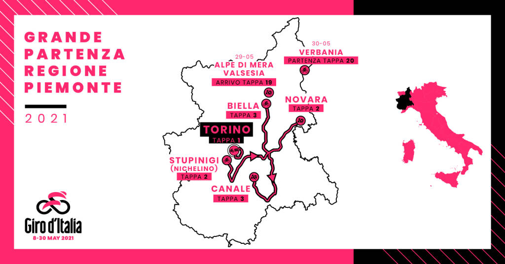UFFICIALE – Il Giro d’Italia 2021 tre giorni in Piemonte: prima tappa a Torino, poi Racconigi, Alba e Canale