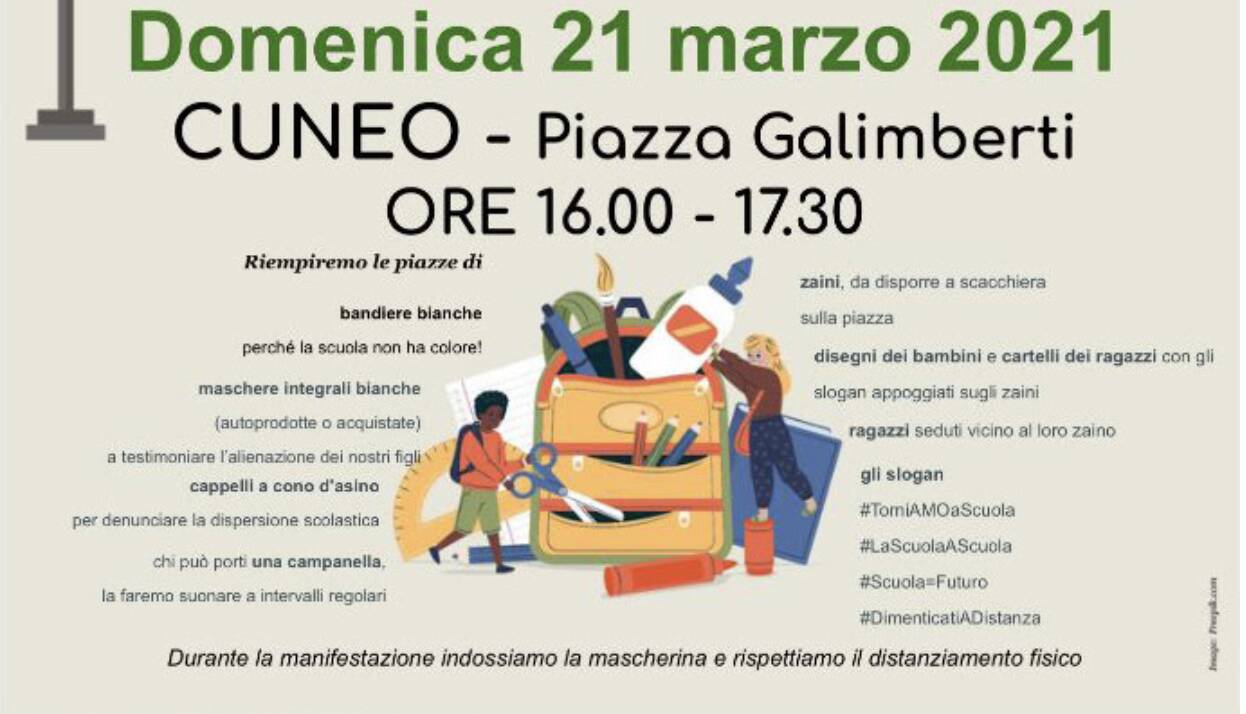 Domenica 21 marzo a Cuneo la manifestazione nazionale “TorniAMO a Scuola!”