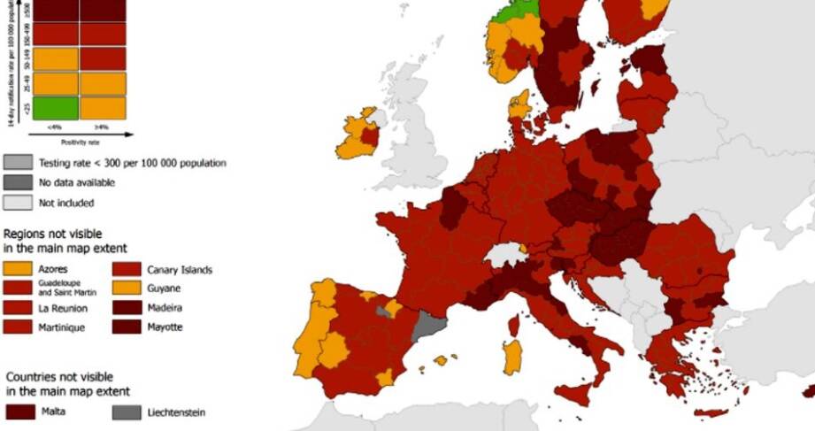 Piemonte rosso scuro nella mappa Covid europea: contagi elevati