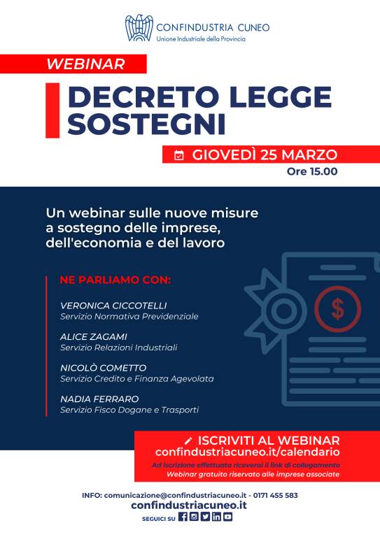 Confindustria Cuneo: un webinar gratuito per illustrare i “Sostegni” alle imprese associate