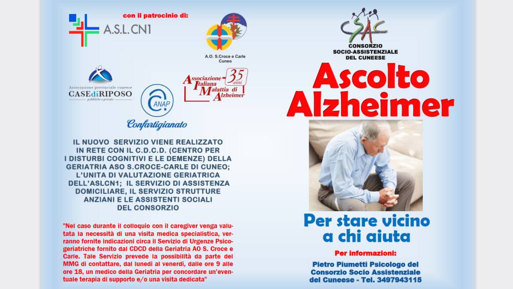 “Progetto Ascolto Alzheimer”, il servizio di assistenza psicologica per le famiglie dei malati