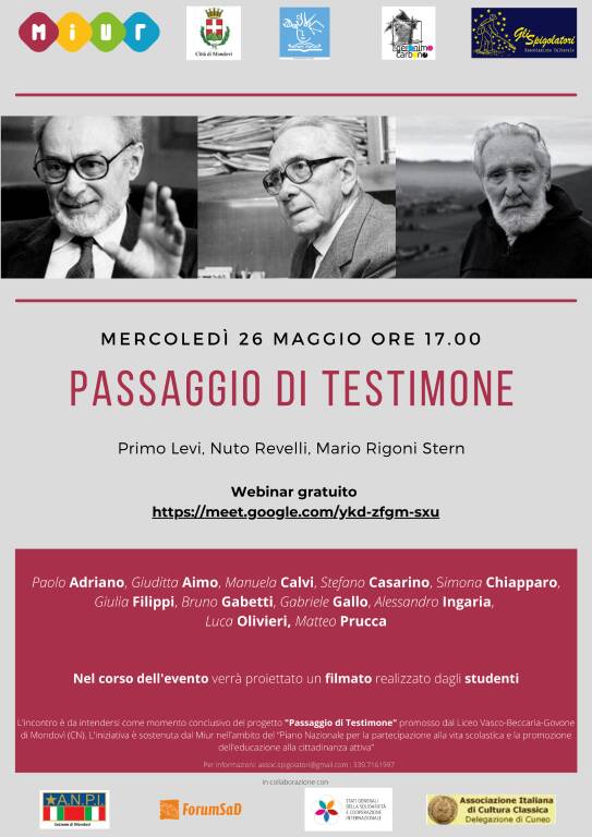 “Passaggio di testimone”, webinar del Liceo Vasco-Beccaria-Govone su Primo Levi, Nuto Revelli e Mario Rigoni Stern