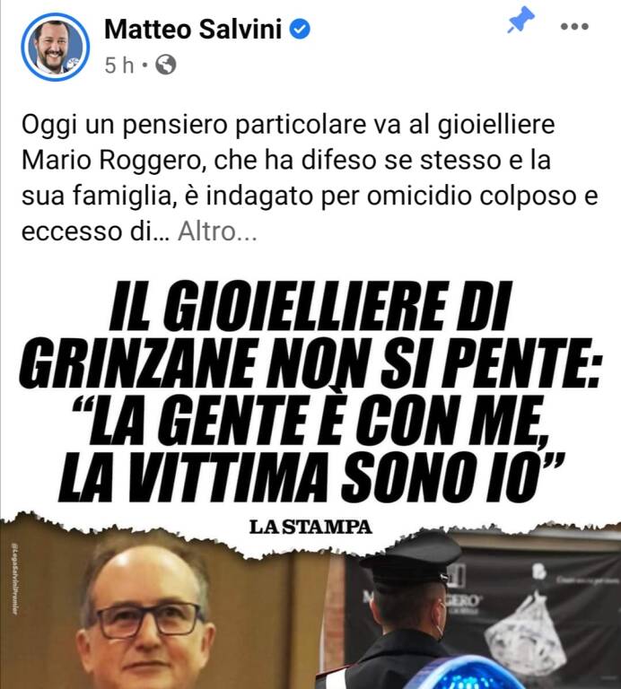 Salvini conferma il suo appoggio a Mario Roggero, il gioielliere di Grinzane Cavour