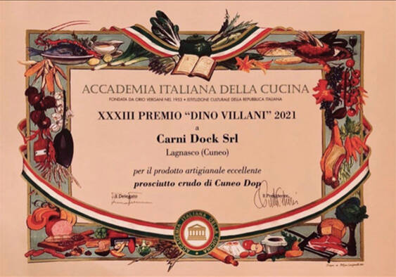 Il prosciutto Crudo di Cuneo DOP, prodotto dalla Carni Dock di Lagnasco, vince il “Premio Dino Villani” 2021