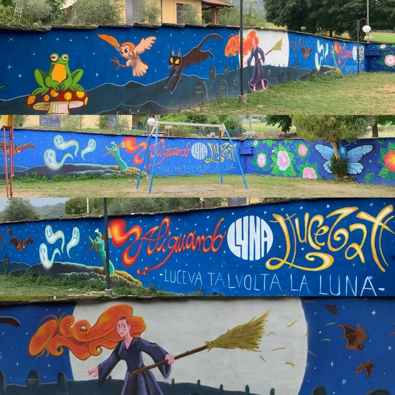 Rifreddo, al Parco Giochi “Gesia Veja” un murale da 30 metri sul tema delle “Streghe”