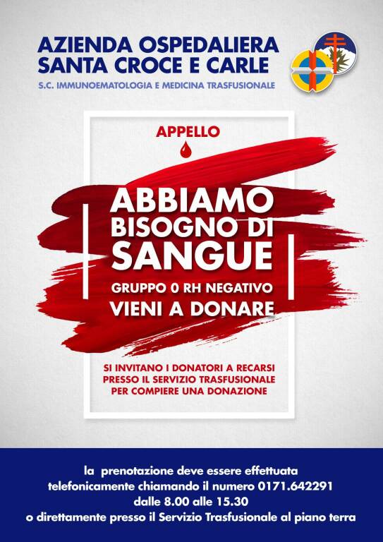 “Abbiamo bisogno di sangue Gruppo 0 Rh -“: l’appello del Santa Croce di Cuneo
