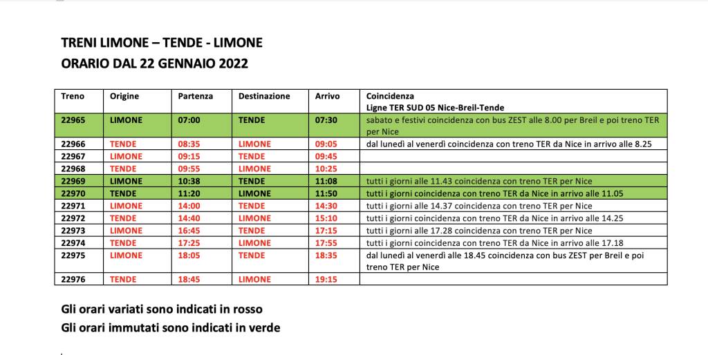 Limone-Tenda, dal 22 gennaio nuovi orari per migliorare il servizio