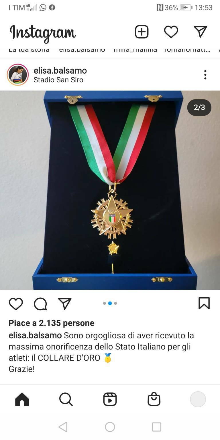 La campionessa Elisa Balsamo ha ricevuto il “Collare d’oro”