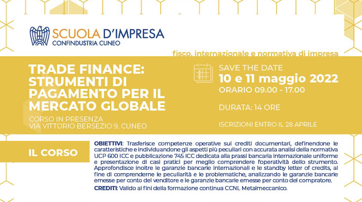 Confindustria Cuneo promuove un corso e un servizio personalizzato di supporto per i pagamenti internazionali