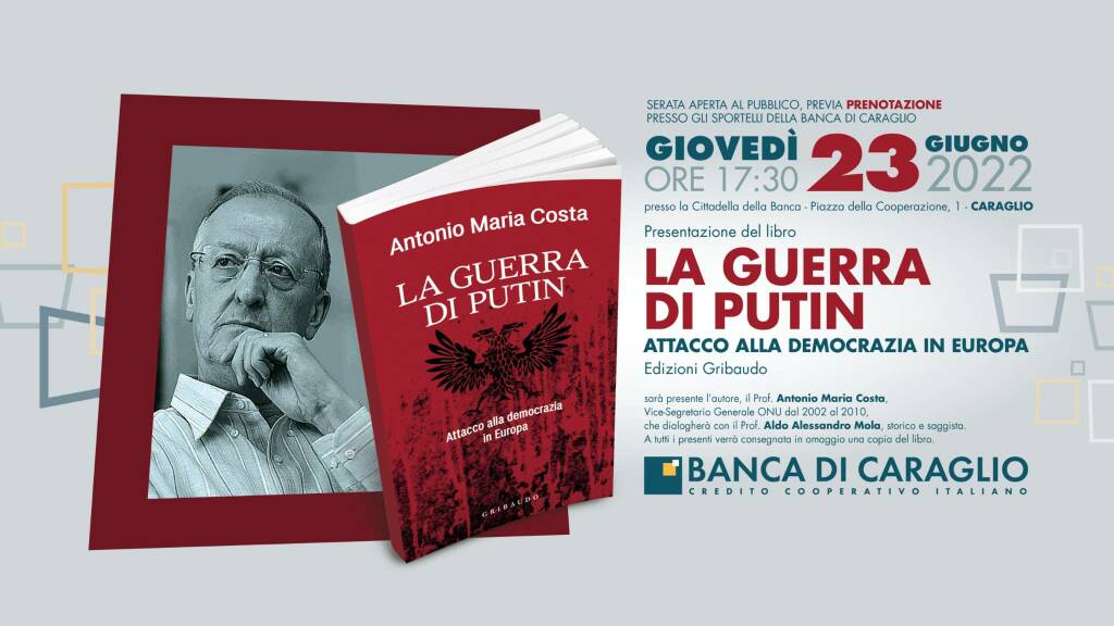 L’invito alla presentazione del libro di Antonio Maria Costa in Banca di Caraglio
