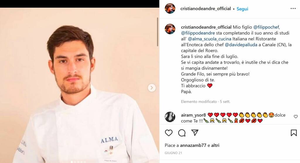 Il post di Cristiano De Andrè su Instagram