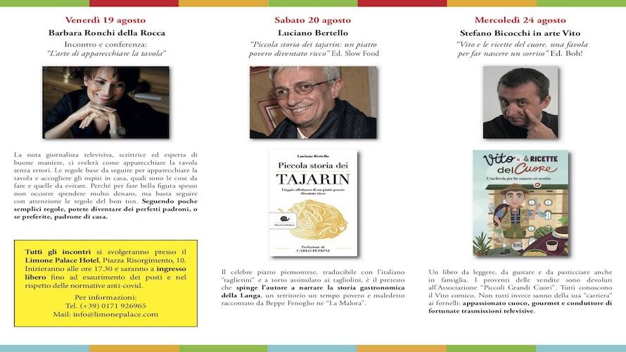 “Libri da gustare” a Limone con Barbara Ronchi della Rocca, Luciano Bertello e Stefano Bicocchi