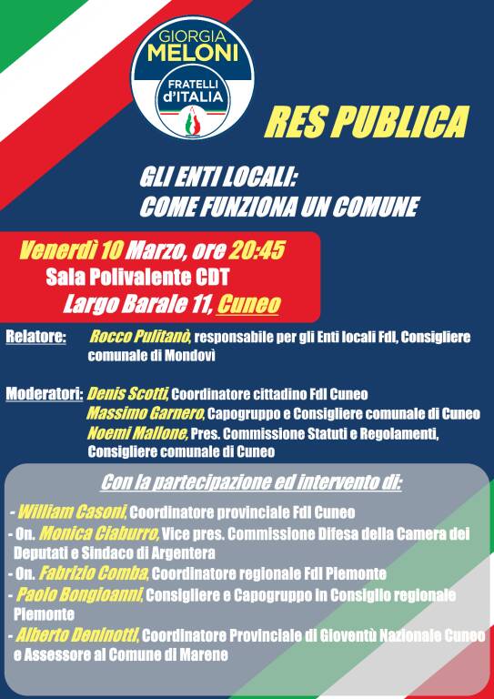 Venerdì il nuovo appuntamento con la Scuola Politica di Fratelli d’Italia Cuneo