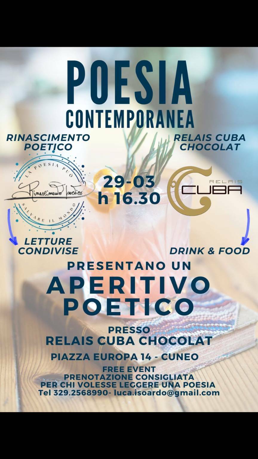 Cuneo, mercoledì prossimo il primo “Aperitivo poetico” presso Relais Cuba Chocolat