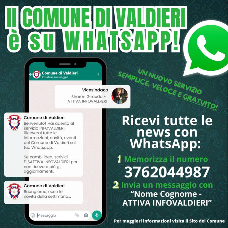 Valdieri, il Comune attiva il servizio WhatsApp