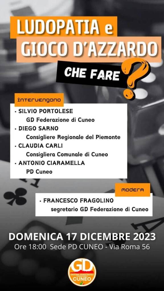 I Giovani Democratici di Cuneo organizzano un incontro per discutere sul gioco d’azzardo