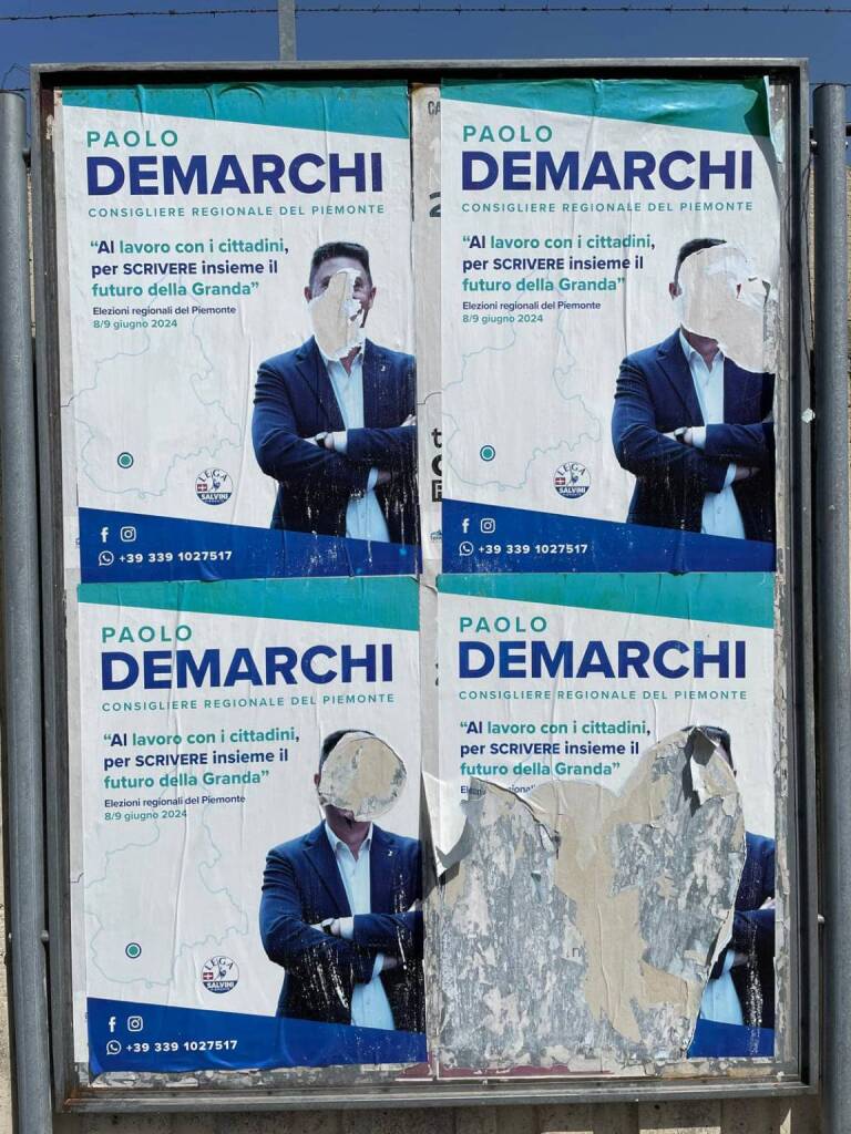 Danneggiati i manifesti elettorali di Paolo Demarchi a Verzuolo